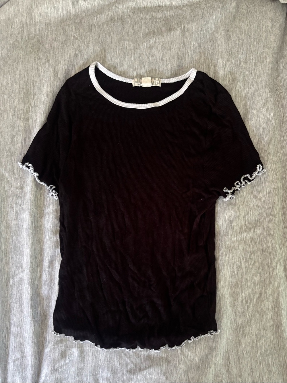 Black Ribbed Short Sleeve Top with White Trim - Women